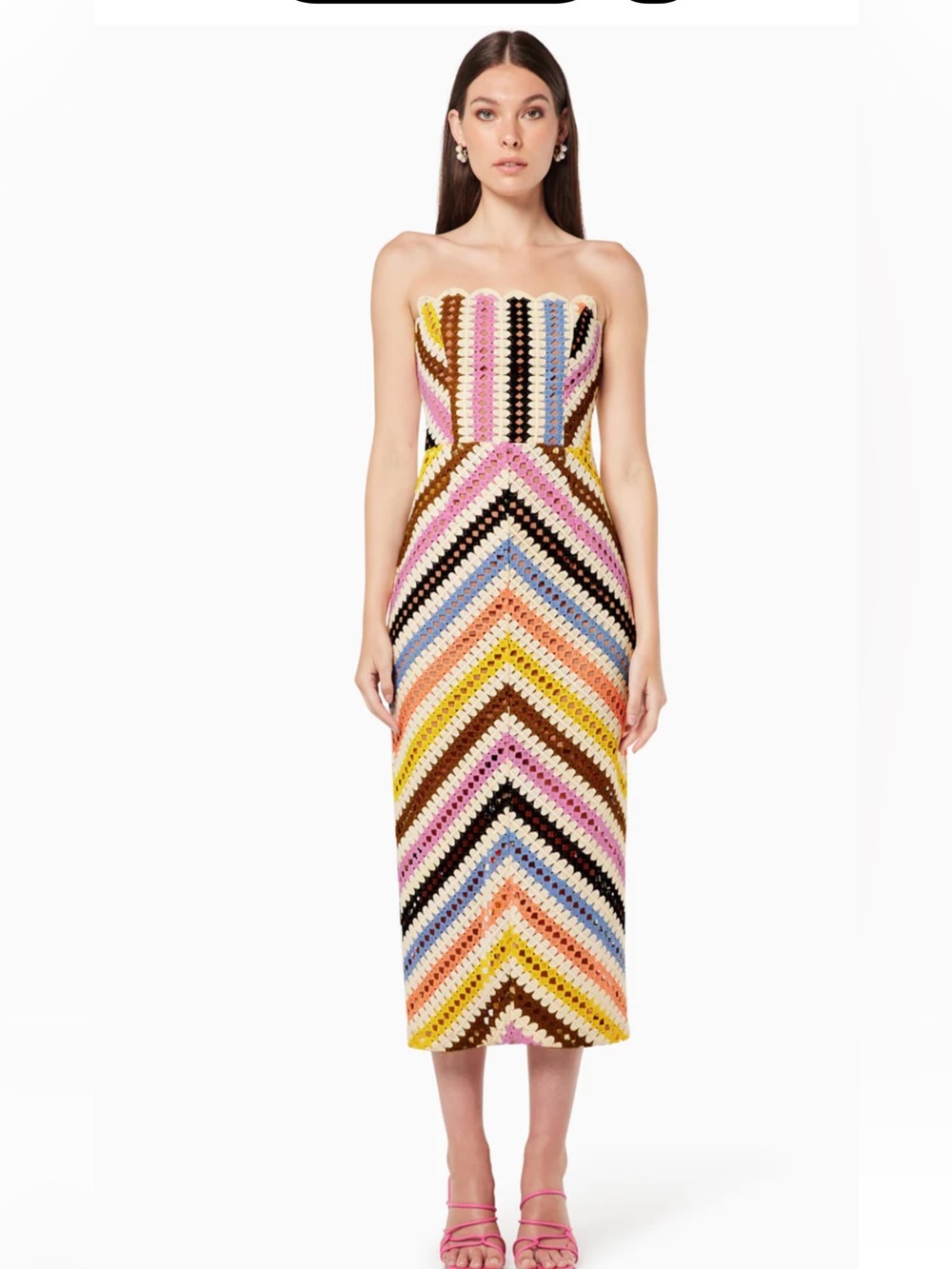 Elliatt Strapless Chevron Crochet Midi Dress in Pink, Yellow, Blue, Brown, Cream